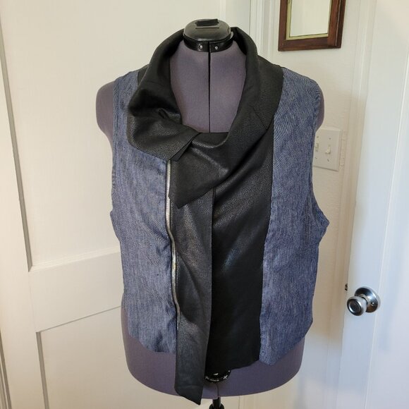 Karen Kane Vest Womens Plus 2X Blue Denim Black Faux Leather Moto Made in USA - Picture 2 of 14